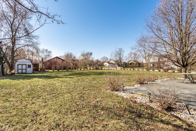 view of yard with a storage shed, an outbuilding, and a patio