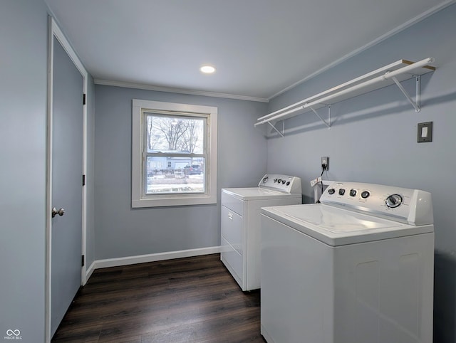 laundry room with baseboards, ornamental molding, laundry area, dark wood-style floors, and independent washer and dryer