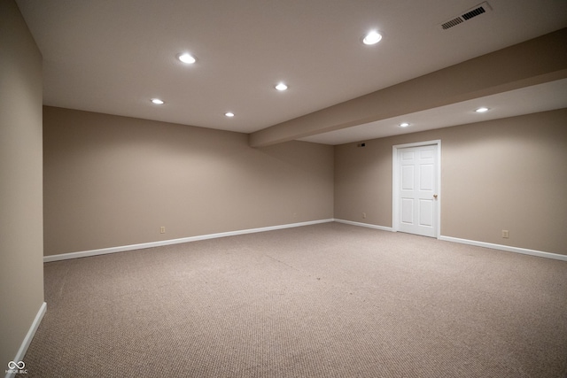 unfurnished room with baseboards, recessed lighting, visible vents, and light carpet