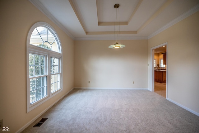 empty room featuring visible vents, ornamental molding, baseboards, a raised ceiling, and light colored carpet