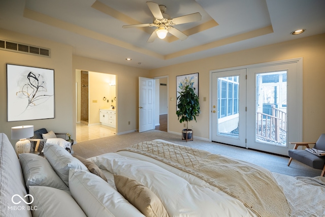 12348 Seaway Cir, Indianapolis, IN 46236 - bedroom featuring a raised ceiling, light carpet, access to outside, baseboards, and recessed lighting