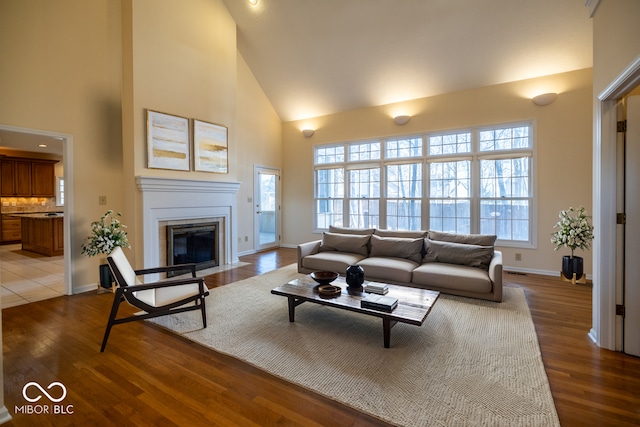 12348 Seaway Cir, Indianapolis, IN 46236 - living room featuring high vaulted ceiling, wood finished floors, a fireplace with flush hearth, and baseboards