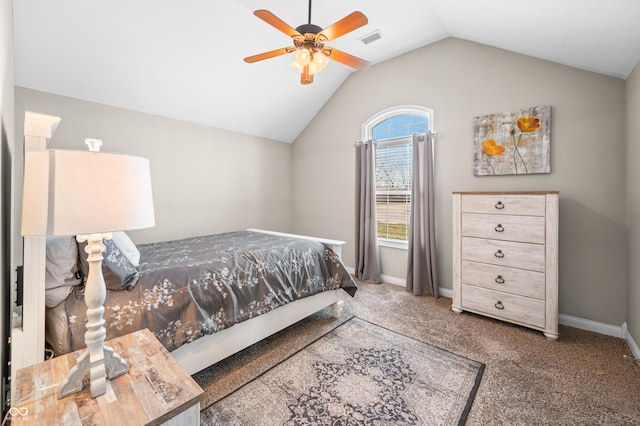 bedroom featuring visible vents, carpet flooring, baseboards, ceiling fan, and vaulted ceiling