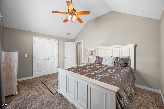 carpeted bedroom with a ceiling fan, baseboards, visible vents, vaulted ceiling, and a closet