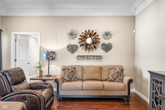 living room featuring crown molding, wood finished floors, and baseboards