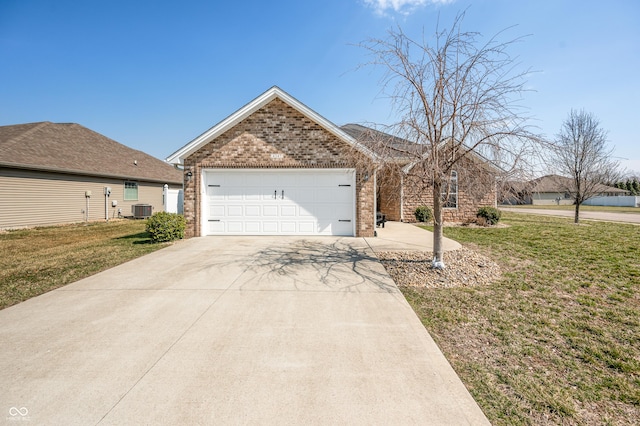 single story home featuring cooling unit, driveway, a front lawn, a garage, and brick siding