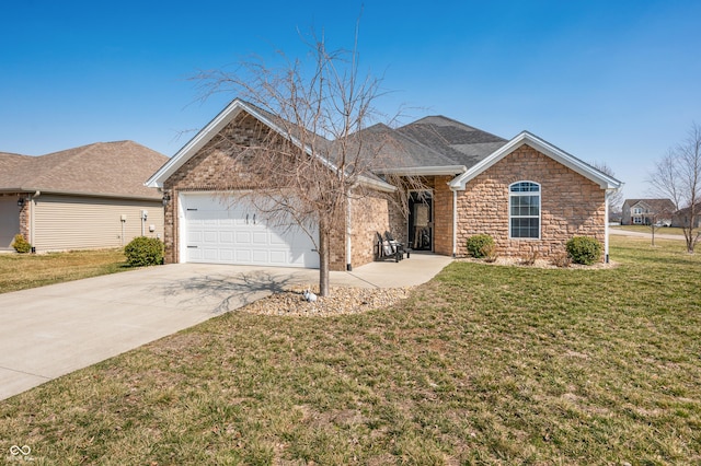 single story home featuring a front yard, roof with shingles, concrete driveway, stone siding, and a garage