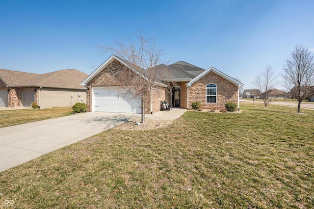 single story home featuring a front yard, brick siding, a garage, and driveway