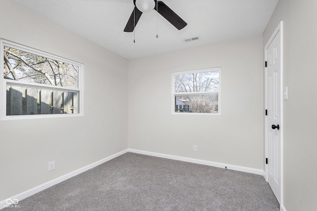 carpeted spare room with plenty of natural light, baseboards, and ceiling fan