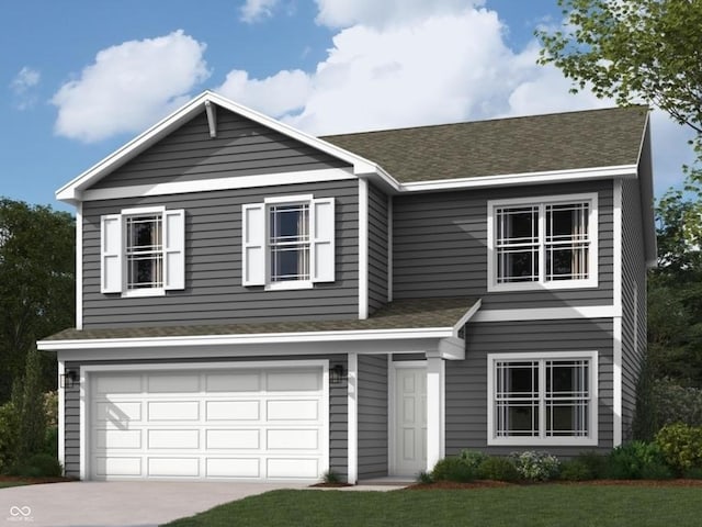 traditional-style house featuring an attached garage, driveway, and roof with shingles