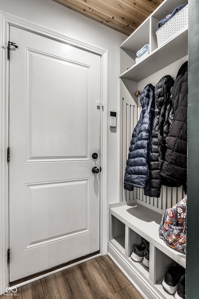 mudroom with wooden ceiling and wood finished floors