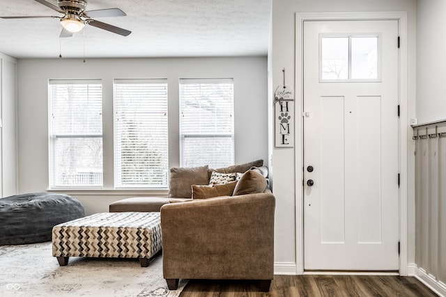 entryway featuring a textured ceiling, wood finished floors, a wealth of natural light, and ceiling fan