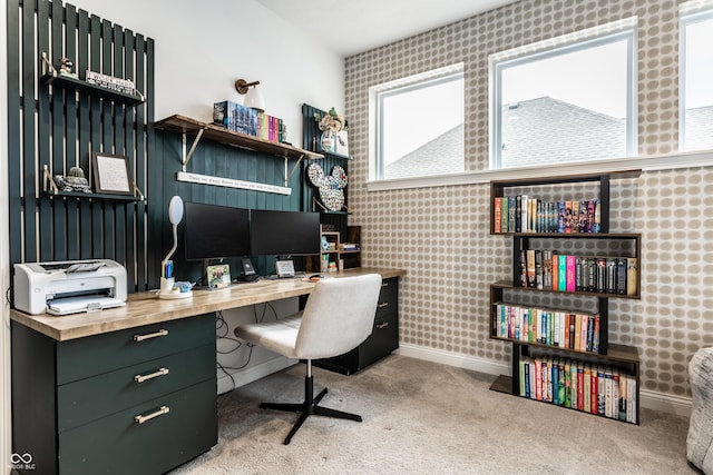 office area featuring baseboards and carpet