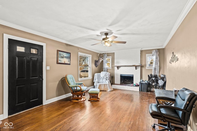 interior space with plenty of natural light, ornamental molding, a fireplace, and wood finished floors