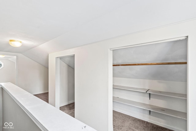 interior space featuring vaulted ceiling and carpet flooring