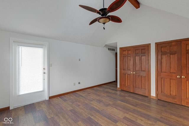 interior space featuring dark wood-style floors, visible vents, baseboards, and beam ceiling