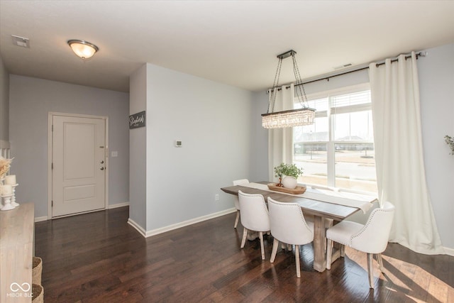 dining space with dark wood-style floors, visible vents, and baseboards