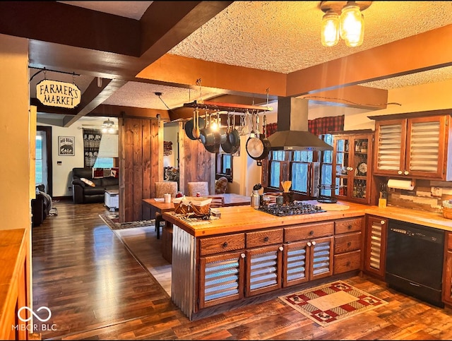 kitchen with black appliances, beam ceiling, island range hood, a textured ceiling, and dark wood-style flooring