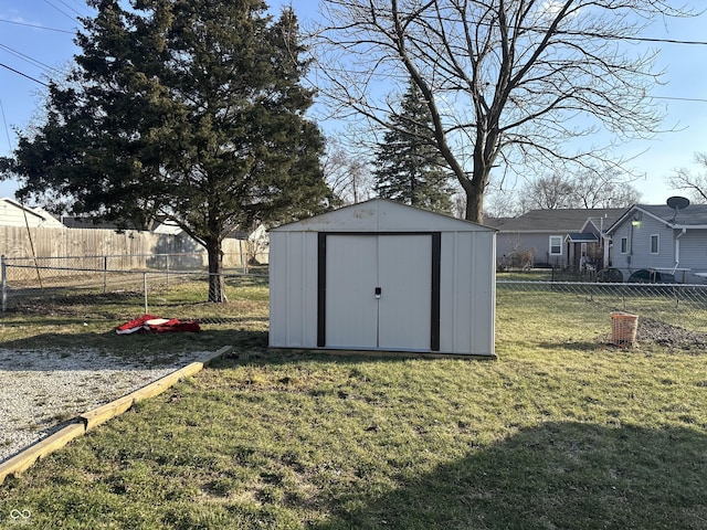 view of shed with a fenced backyard