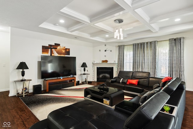 living room featuring recessed lighting, beam ceiling, a fireplace, and dark wood-style flooring