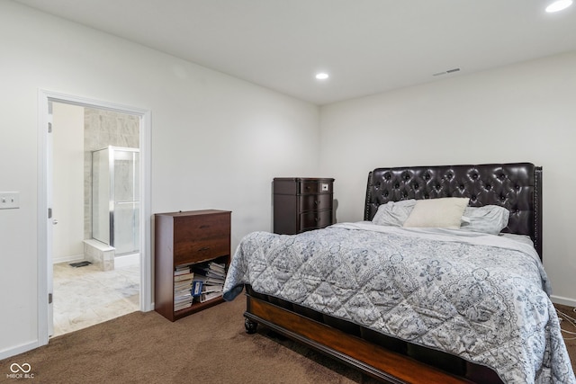 carpeted bedroom with visible vents, recessed lighting, and baseboards