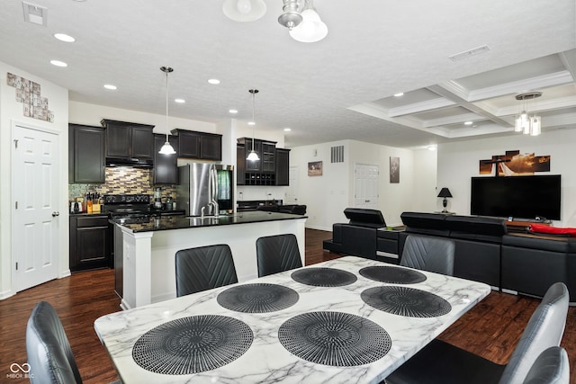 dining area featuring visible vents, coffered ceiling, beamed ceiling, and dark wood-style flooring