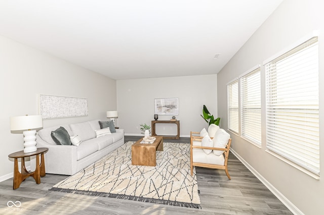 living area featuring baseboards and wood finished floors