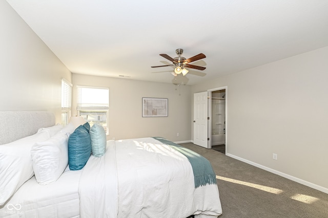 carpeted bedroom with visible vents, baseboards, and ceiling fan