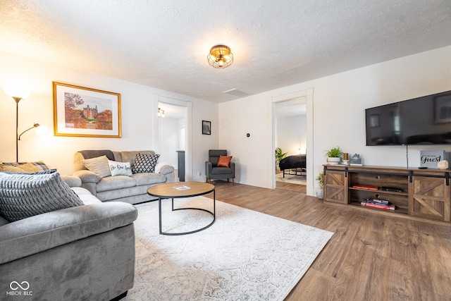 living room featuring a textured ceiling and wood finished floors