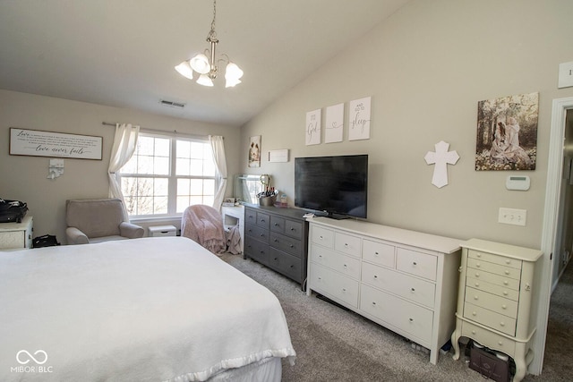 bedroom with visible vents, a chandelier, carpet flooring, and vaulted ceiling