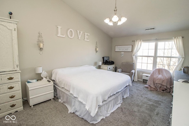 bedroom with visible vents, light colored carpet, a notable chandelier, and vaulted ceiling