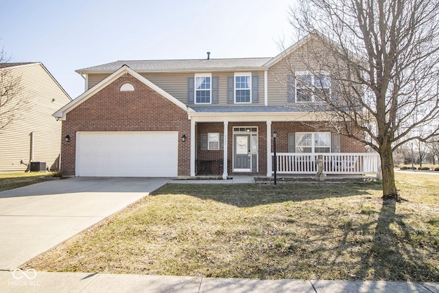 traditional-style house featuring concrete driveway, central air condition unit, covered porch, and brick siding