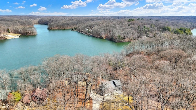 aerial view with a wooded view and a water view