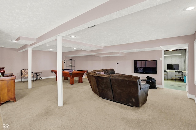 living area featuring pool table, light colored carpet, baseboards, and a textured ceiling