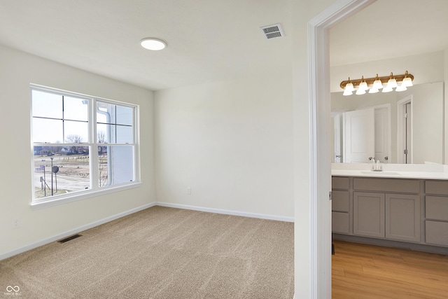 spare room with visible vents, light colored carpet, baseboards, and a sink