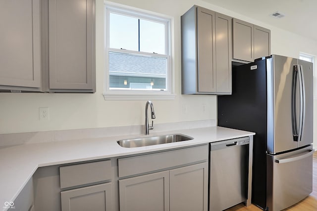 kitchen featuring visible vents, gray cabinetry, a sink, appliances with stainless steel finishes, and light countertops