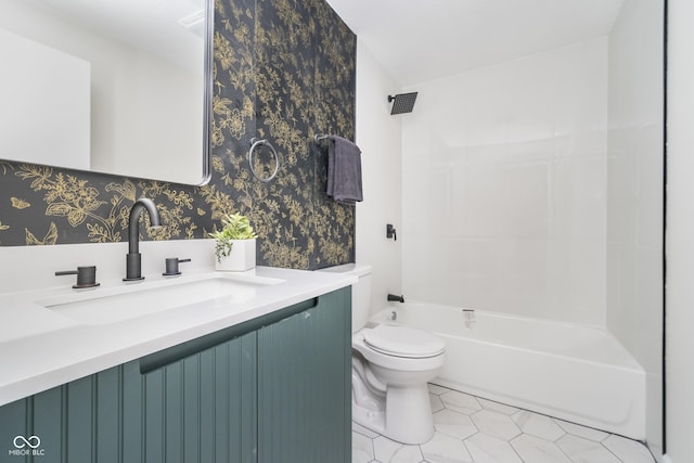 full bathroom featuring vanity, wallpapered walls, shower / bath combination, tile patterned floors, and toilet