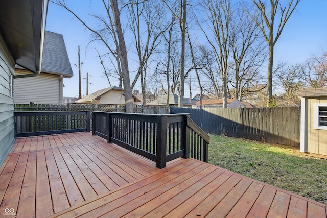 deck with a yard and a fenced backyard