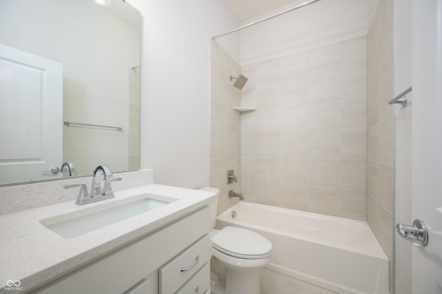 bathroom featuring tub / shower combination, toilet, and vanity