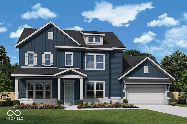 view of front of house featuring brick siding, board and batten siding, a front lawn, driveway, and an attached garage