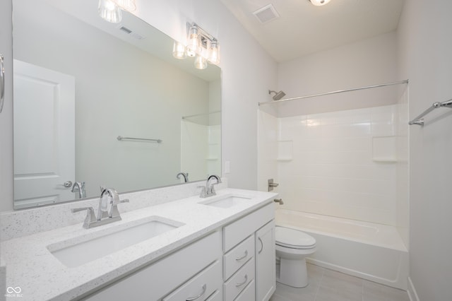 full bathroom with double vanity, visible vents, toilet, and a sink