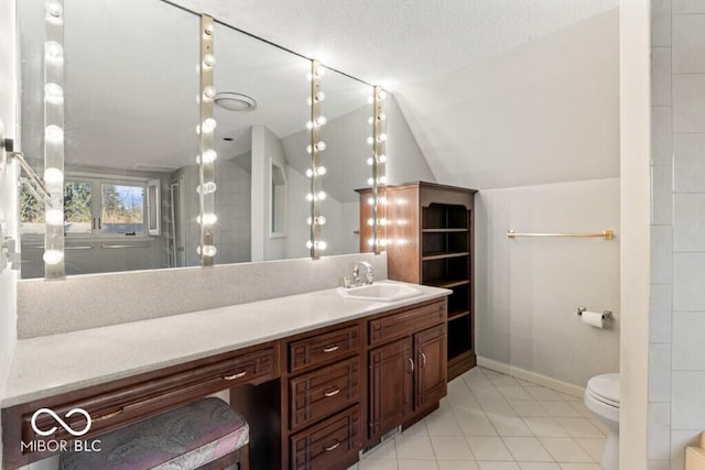 2447 N E Raintree Dr, New Castle, IN 47362 - full bathroom with vanity, lofted ceiling, tile patterned floors, and a textured ceiling
