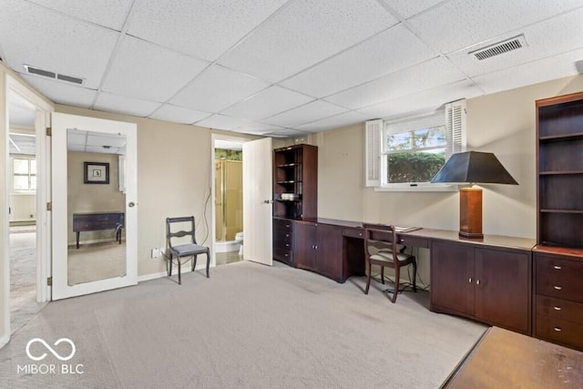 2447 N E Raintree Dr, New Castle, IN 47362 - office with carpet flooring, a paneled ceiling, and built in study area