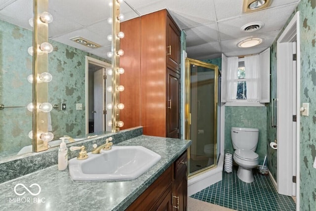 2447 N E Raintree Dr, New Castle, IN 47362 - bathroom with vanity, a stall shower, a paneled ceiling, tile patterned floors, and wallpapered walls