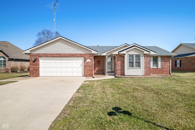 ranch-style house featuring brick siding, an attached garage, driveway, and a front yard