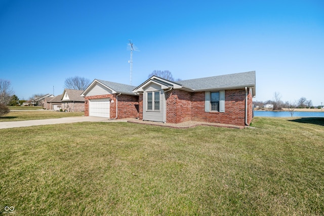 ranch-style home with concrete driveway, a garage, brick siding, and a front yard