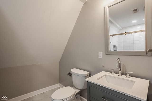 full bathroom featuring visible vents, toilet, marble finish floor, baseboards, and vanity