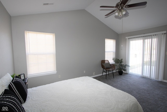 bedroom featuring carpet, visible vents, ceiling fan, access to exterior, and vaulted ceiling