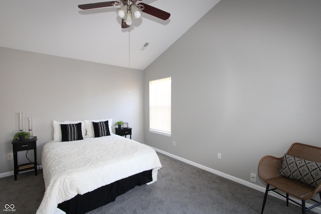 carpeted bedroom with ceiling fan, baseboards, visible vents, and high vaulted ceiling