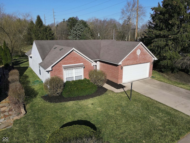 ranch-style house featuring a garage, driveway, brick siding, and a front yard